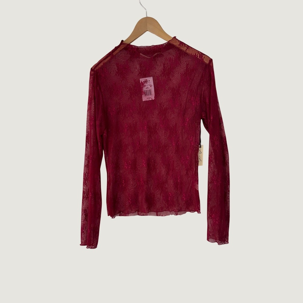 Liberty Love Lace Top Womens Medium Berry Red Sheer Mock Neck Romantic Coquette